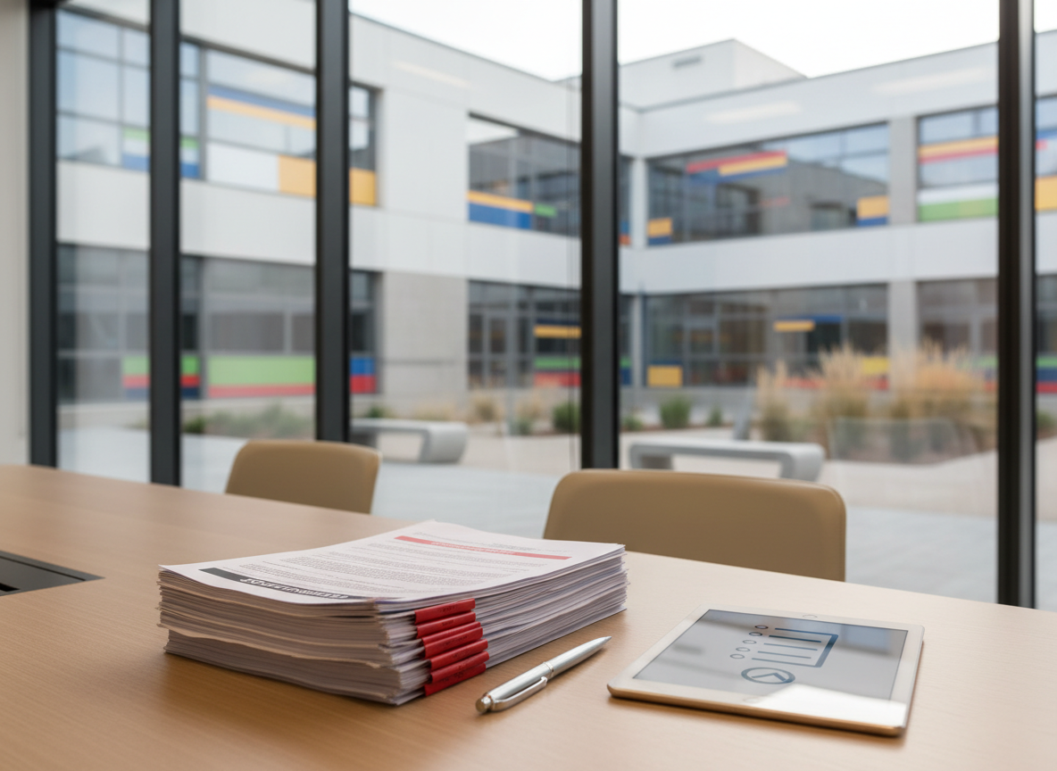 A modern international school campus courtyard seen through the floor-to-ceiling windows of a quiet consultation room, the glass subtly reflecting the interior. Inside, a minimalist meeting table hosts a stack of redacted school policy documents, a slim silver pen, and a tablet showing a stylized, text-free checklist icon. Outside, contemporary school buildings with neutral facades and a world-flag-inspired color scheme hint at diverse student origins, all slightly out of focus. Natural afternoon light streams in, illuminating the documents and creating soft reflections on the tabletop. Photographic realism, shot from inside at a three-quarter angle toward the window, with the legal materials in sharp focus and the campus gently blurred, conveying calm, clarity, and the bridge between law and education environments.