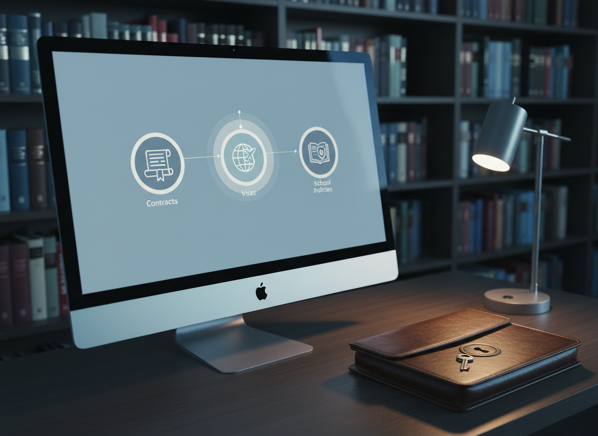 A secure client-portal concept for parents of international school students visualized as a large, high-resolution monitor on a minimalist desk, displaying a stylized, text-free dashboard with icons for contracts, visas, and school policies, using calm blues and grays. Next to the monitor, a closed, dark leather case with an embossed lock symbol and a small, stainless-steel key placed on top suggests confidentiality. The background shows blurred bookshelves filled with law and education-related volumes. Soft, cool-toned artificial lighting from the monitor and a discreet desk lamp creates subtle reflections on the desk’s matte surface. Photographic realism, shot from a three-quarter angle with moderate depth of field, giving crisp detail to the screen and lock imagery while the shelves recede, reinforcing security, transparency, and professional digital support for international school legal matters.