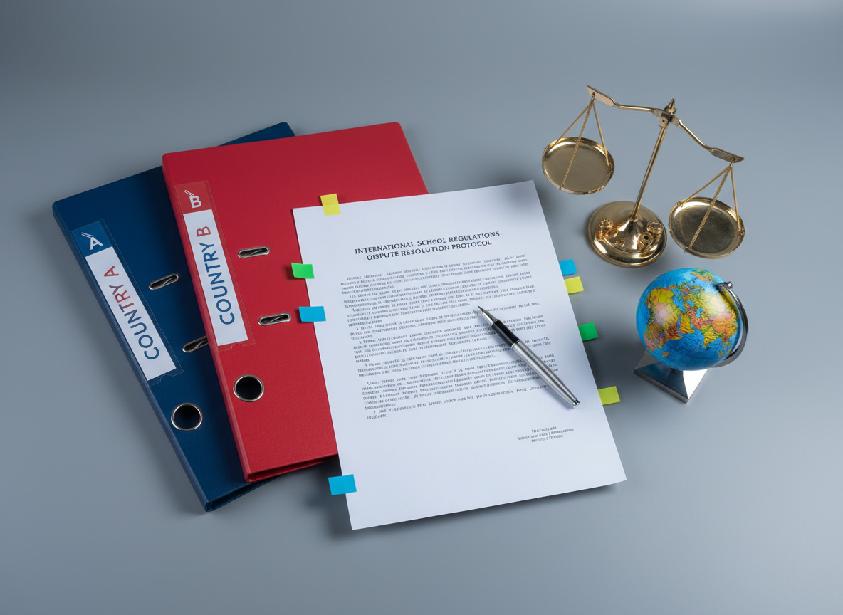 A carefully composed desktop scene dedicated to resolving cross-border disputes involving international schools: two neatly stacked folders in different colors representing two countries, a printed, anonymized school regulation sheet in the center, and a small, metallic scale sculpture balanced beside a compact globe. Colored tabs and a fine-tip pen rest on the regulation sheet, suggesting detailed analysis. Cool, even studio lighting from the front and slightly above eliminates harsh shadows while creating clean highlights on the metal and glossy paper. Photographic realism, captured from a top-down, bird’s-eye perspective, with everything in sharp focus to emphasize order and clarity. The overall mood is methodical and authoritative, visually communicating structured problem-solving and expert handling of complex international school legal issues.