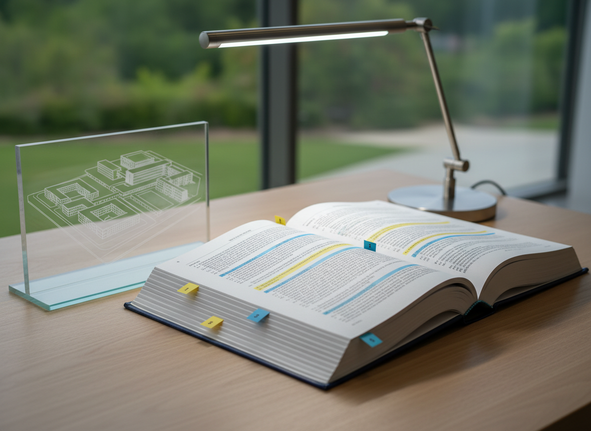 A visual representation of compliance and policy review for international schools: a large, neatly printed policy manual open on a spacious, light oak desk, with sections highlighted in different colors and small, numbered tabs marking critical clauses. Nearby, a transparent acrylic model of a school campus with multiple interconnected buildings sits on a square base, its edges catching the light. A slim, stainless-steel desk lamp casts focused, cool white light onto the open pages, creating crisp shadows and emphasizing the text layout without showing real wording. Photographic realism, captured from a low, side angle along the desk surface, with the foreground manual in razor-sharp focus and the acrylic model slightly softer, communicating depth, diligence, and careful oversight of complex regulatory frameworks.
