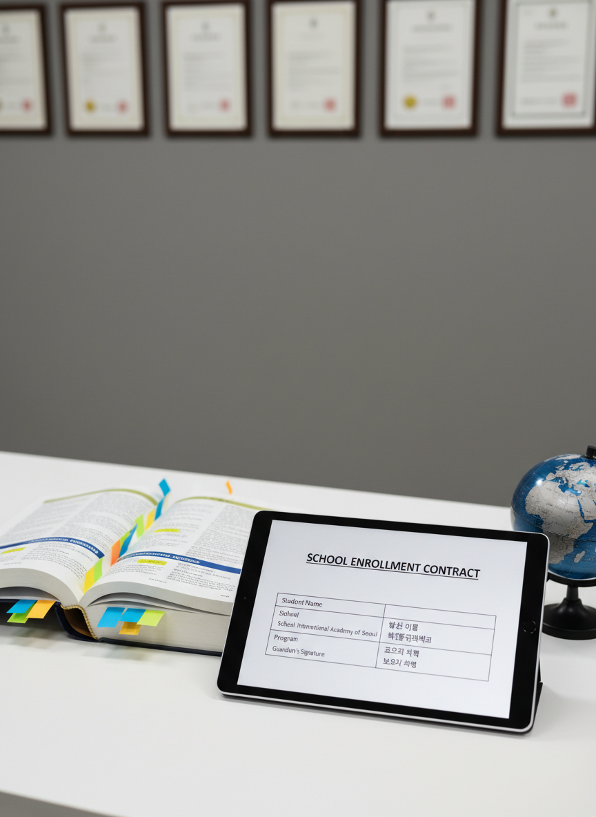 A detailed close-up of a clean, white desktop in a professional law firm, featuring an open legal textbook on education law, color-coded sticky tabs marking sections about international schools, and a tablet displaying a bilingual (Korean and English) school enrollment contract. A small, minimalist globe sits to one side, its metallic oceans and matte continents symbolizing cross-border education. Soft studio lighting from above and slightly to the left creates gentle shadows and clear, readable textures on the paper and devices. Photographic realism, captured from a slightly elevated angle, with sharp focus on the contract and annotations while the background of gray walls and framed certificates fades into a soft, calm blur, conveying precision, authority, and careful legal review.