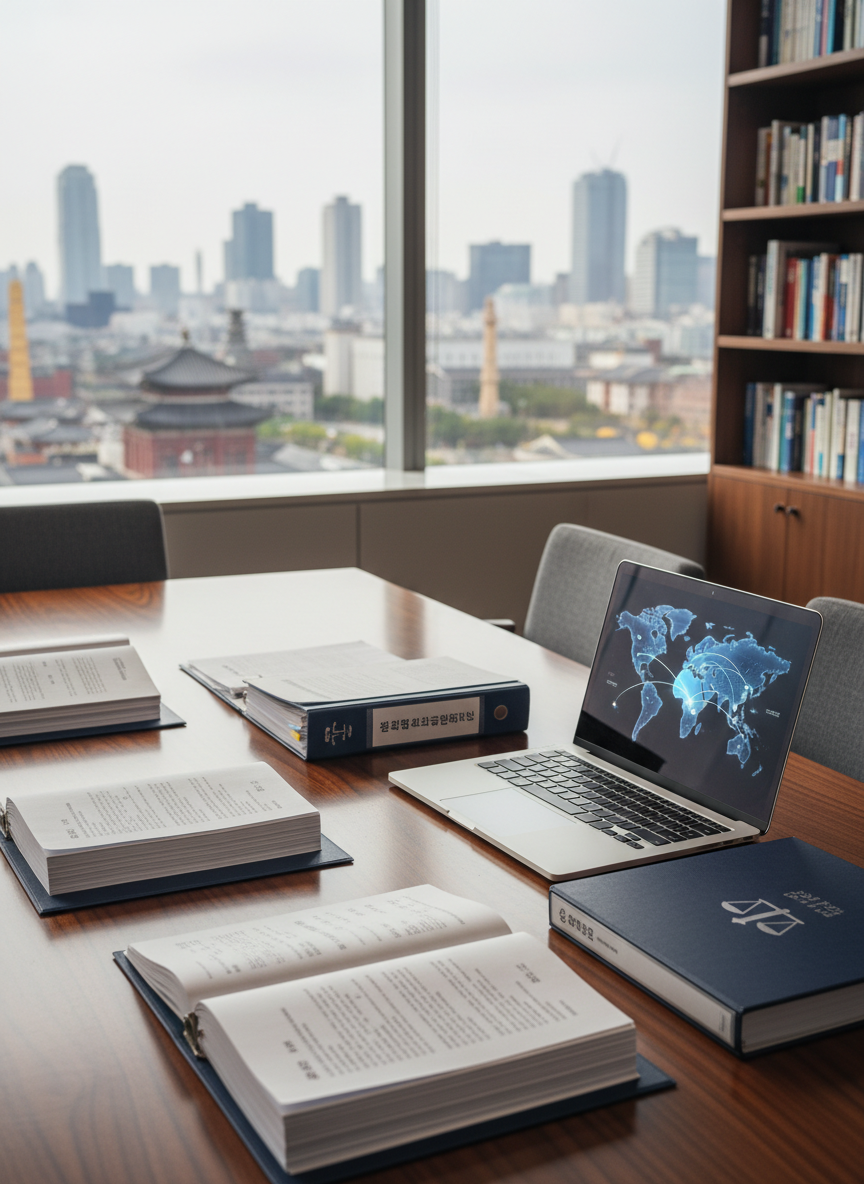A polished, modern law office conference table made of dark walnut wood, covered with neatly arranged bilingual legal documents about international schools, a sleek silver laptop showing a world map, and a closed navy-blue legal binder embossed with a subtle scales-of-justice symbol. Behind the table, large windows reveal a distant, slightly blurred skyline with a mix of Korean and international landmark-style buildings, suggesting global education connections. Soft, diffused daylight enters from the windows, creating gentle reflections on the tabletop and laptop. Photographic realism, shot at eye level with a shallow depth of field that keeps the documents in crisp focus while the cityscape and shelves of education law books in the background fade into a professional, trustworthy blur.