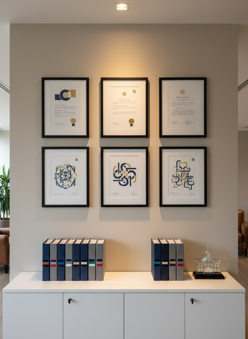 An organized wall in a professional office displaying a series of framed, text-free “certificates” and abstract legal diagrams, all in clean black frames, subtly reflecting expertise in international school law. Below, a streamlined white cabinet holds neatly stacked binders in navy and charcoal, each labeled only with color bands representing different jurisdictions. A small, glass paperweight shaped like a school building rests on the cabinet’s surface. Soft, warm artificial lighting from a ceiling fixture creates a reassuring golden tone, with subtle shadows that emphasize the frames’ depth. Photographic realism, captured straight-on with balanced composition and moderate depth of field, giving sharp clarity to the foreground while letting the far corners of the room blur slightly, evoking trust, stability, and long-standing professional authority.